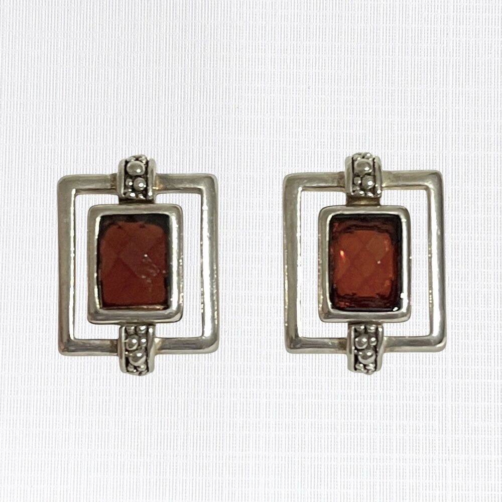 Vintage Rectangular Brown Faceted Glass Stone Earrings Studs Silver Tone Pierced